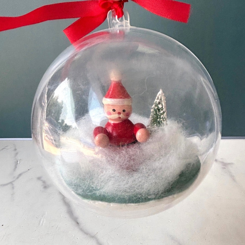 Vintage Christmas Bubbles Santa Ornament Wooden Diorama Clear Ball 3.5 in